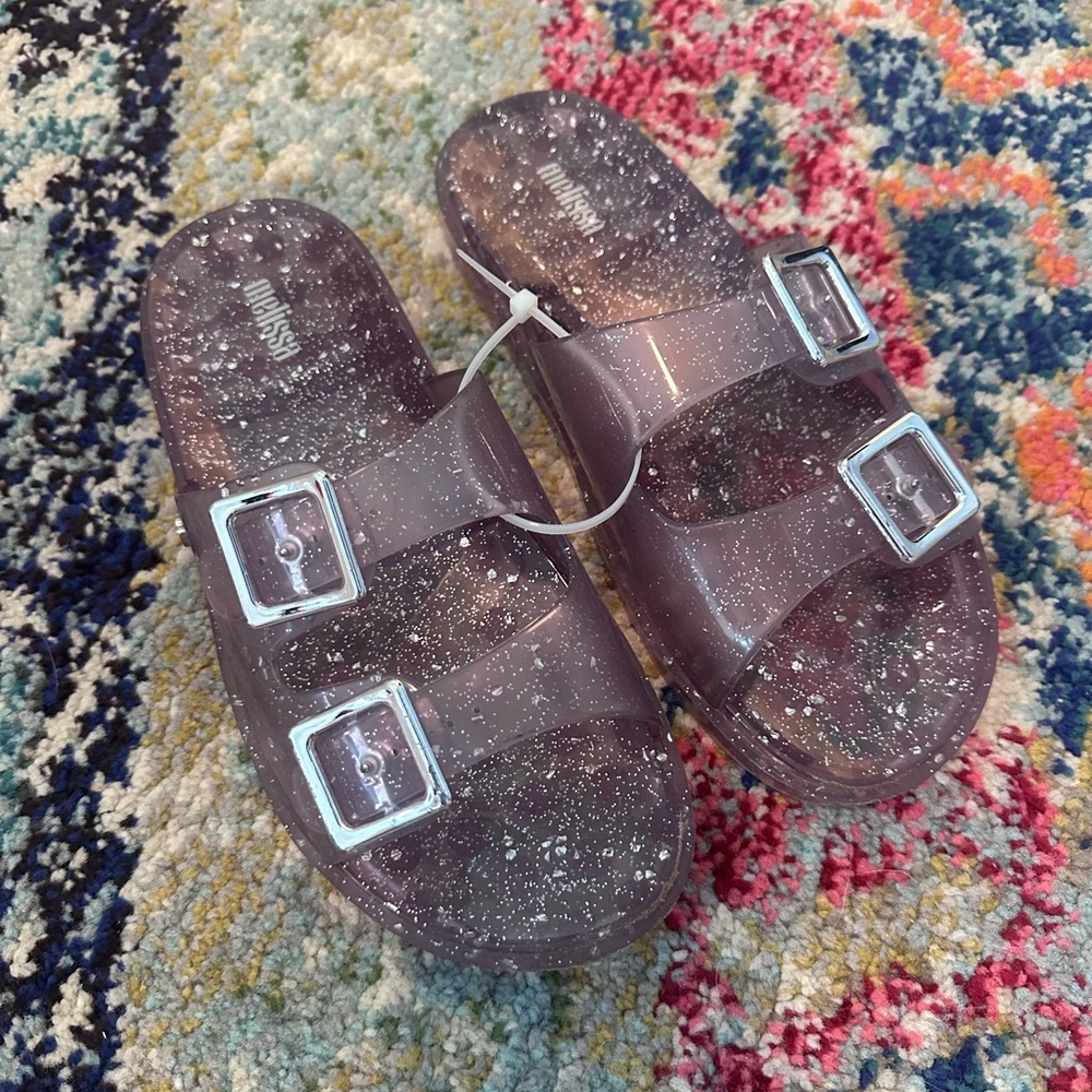 Women’s Melissa clear slide sandals silver glitter flecks size 7